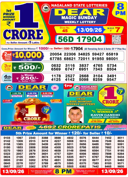 Lottery Sambad 8 PM Evening Result 13.9.2026