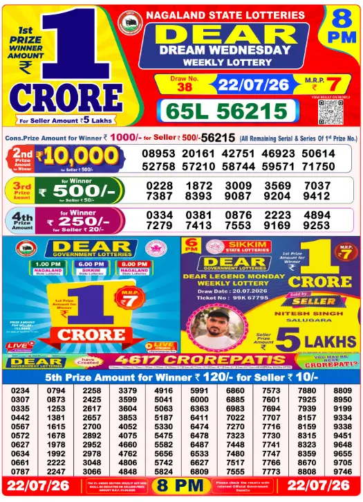 Lottery Sambad 8 PM Evening Result 22.7.2026