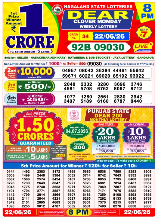 Lottery Sambad 8 PM Evening Result 22.6.2026