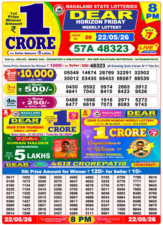 Lottery Sambad 8 PM Evening Result 22.5.2026