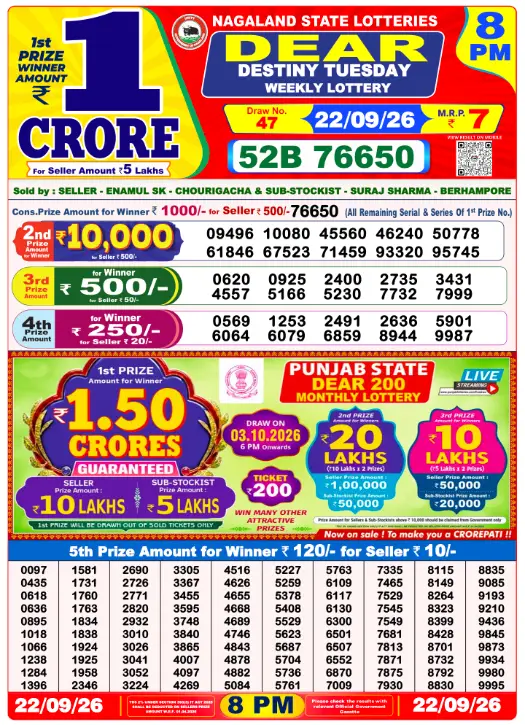 Lottery Sambad 8 PM Evening Result 22.9.2026