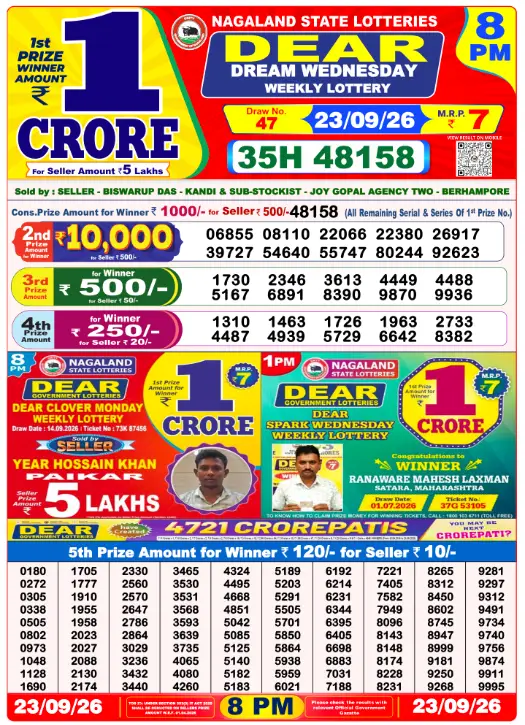 Lottery Sambad 8 PM Evening Result 23.9.2026