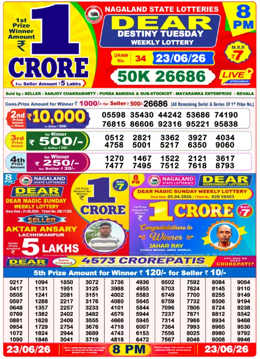 Lottery Sambad 8 PM Evening Result 22.6.2026