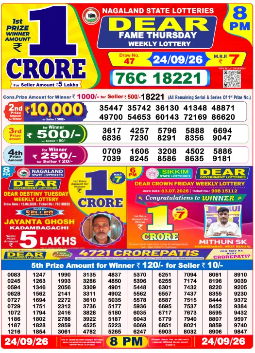 Lottery Sambad 8 PM Evening Result 24.9.2026