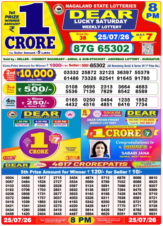 Lottery Sambad 8 PM Evening Result 25.7.2026