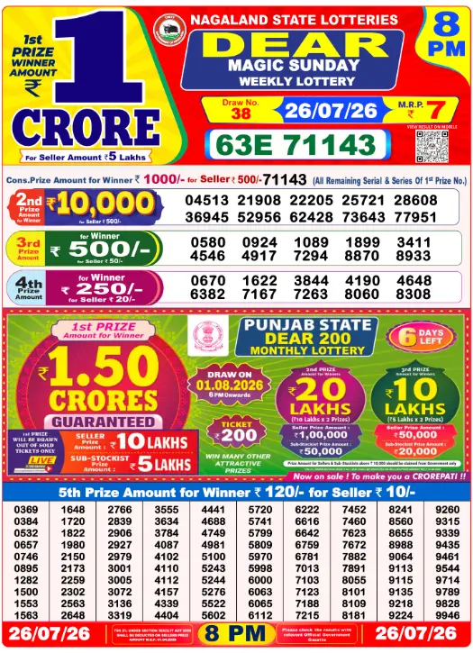Lottery Sambad 8 PM Evening Result 26.7.2026