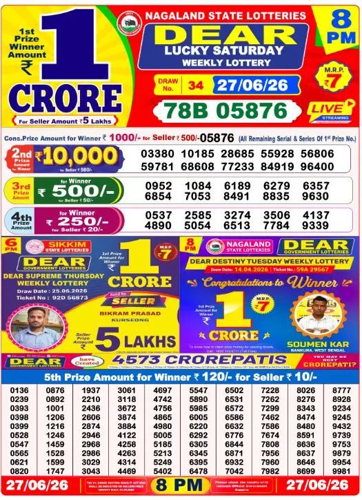 Lottery Sambad 8 PM Evening Result 27.6.2026