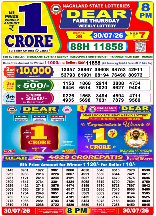 Lottery Sambad 8 PM Evening Result 30.7.2026