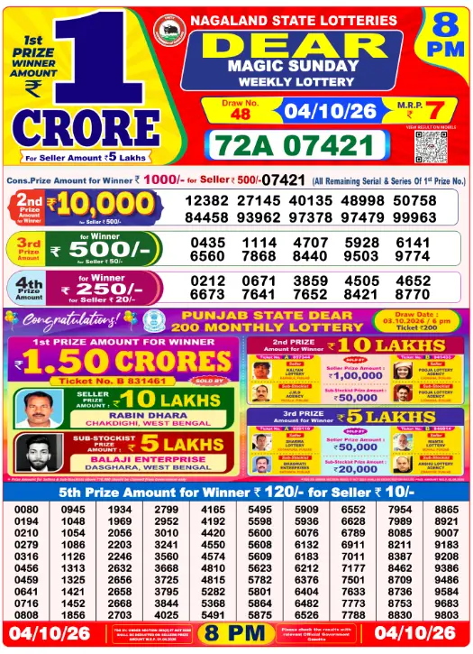 Lottery Sambad 8 PM Evening Result 4.10.2026