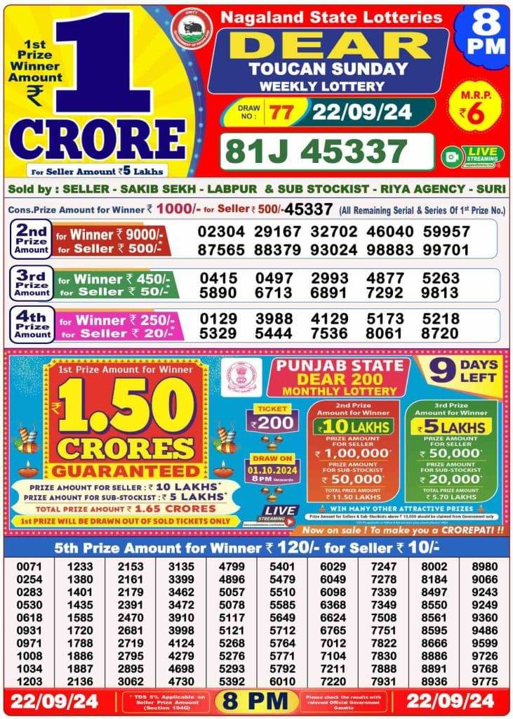 Lottery Sambad 8 PM Evening Result 22.9.2024