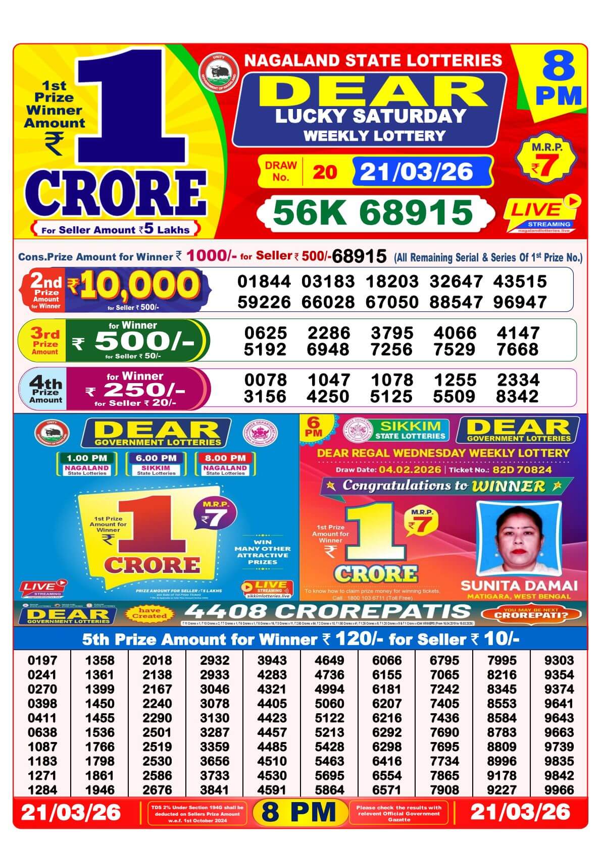 Lottery Sambad 8 PM Evening Result 21.3.2026