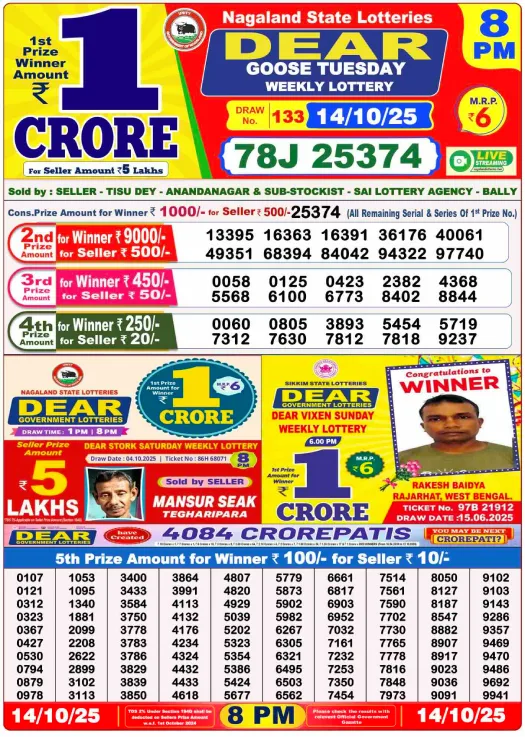 Lottery Sambad 8 PM Evening Result 14.10.2025