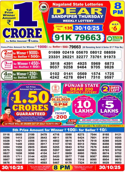 Lottery Sambad 30.10.2025 Today Result 1 PM, 6 PM, 8 PM