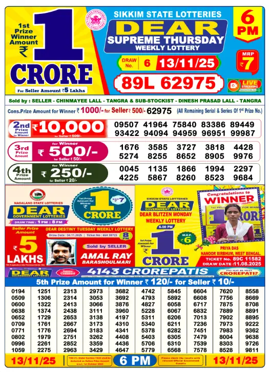 Lottery Sambad Day Result 6 PM 13.11.2025