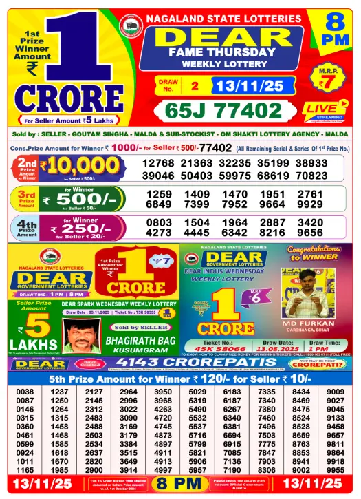 Lottery Sambad 8 PM Evening Result 13.11.2025