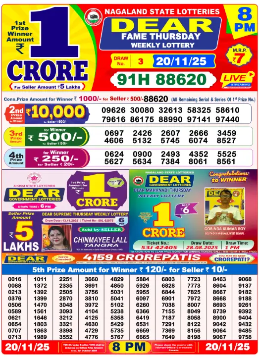 Lottery Sambad 8 PM Evening Result 20.11.2025