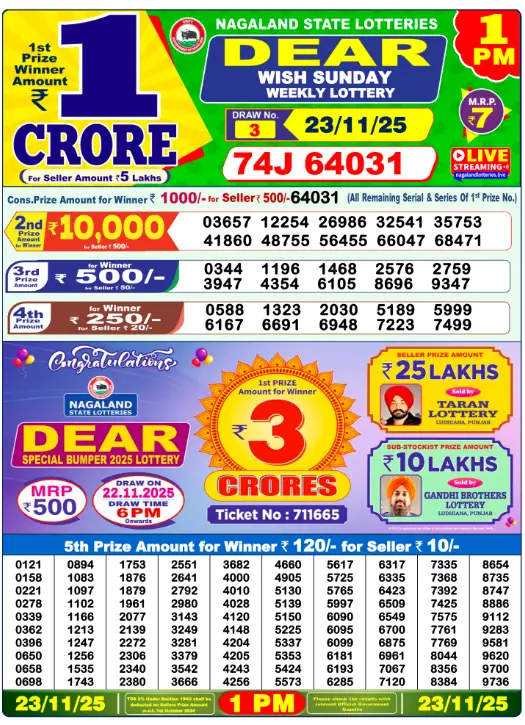 Lottery Sambad 23.11.2025 Today Result 1 PM, 6 PM, 8 PM
