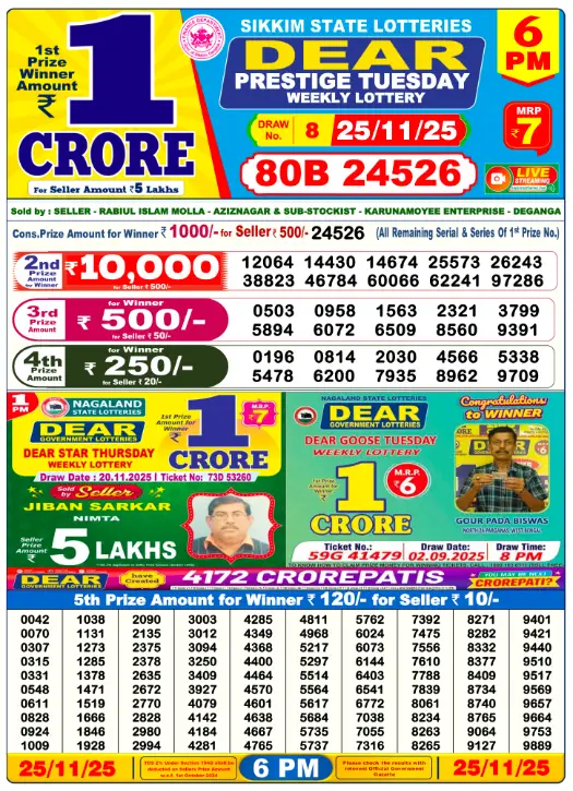 Lottery Sambad 25.11.2025 Today Result 1 PM, 6 PM, 8 PM