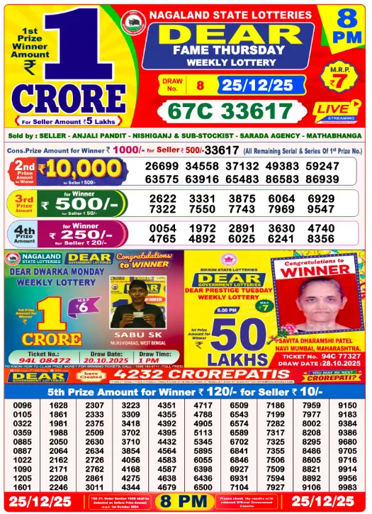 Lottery Sambad 8 PM Evening Result 25.12.2025