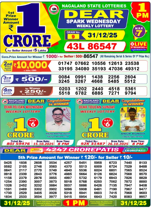 Lottery Sambad Morning 1 PM 31.12.2025