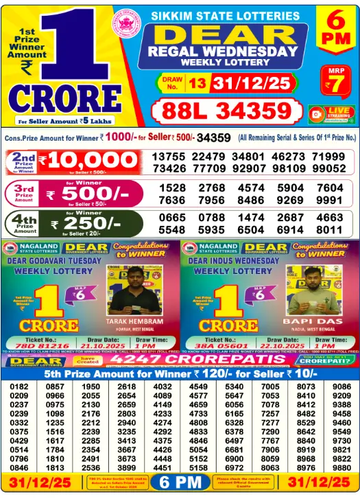 Lottery Sambad Day Result 6 PM 31.12.2025