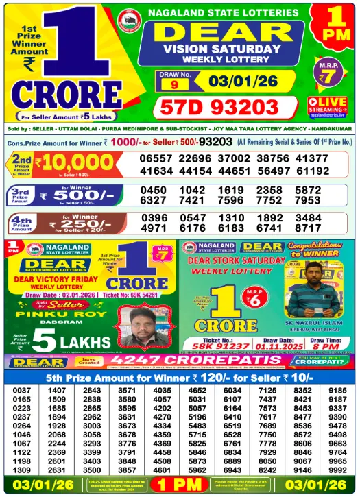 Lottery Sambad Morning 1 PM 3.1.2026