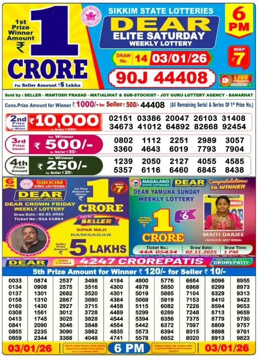 Lottery Sambad Day Result 6 PM 3.1.2026