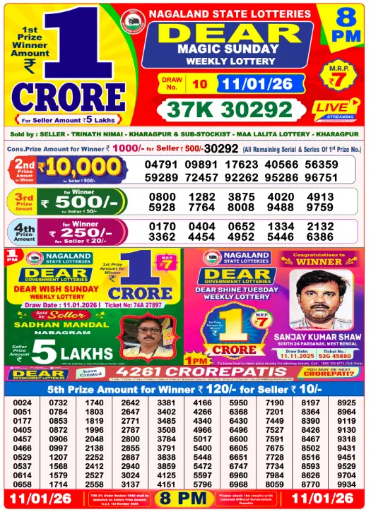 Lottery Sambad 11.1.2026 Today Result 1 PM, 6 PM, 8 PM