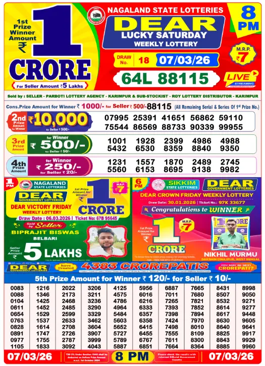Lottery Sambad 8 PM Evening Result 7.3.2026