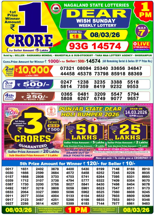 Lottery Sambad Morning 1 PM 8.3.2026