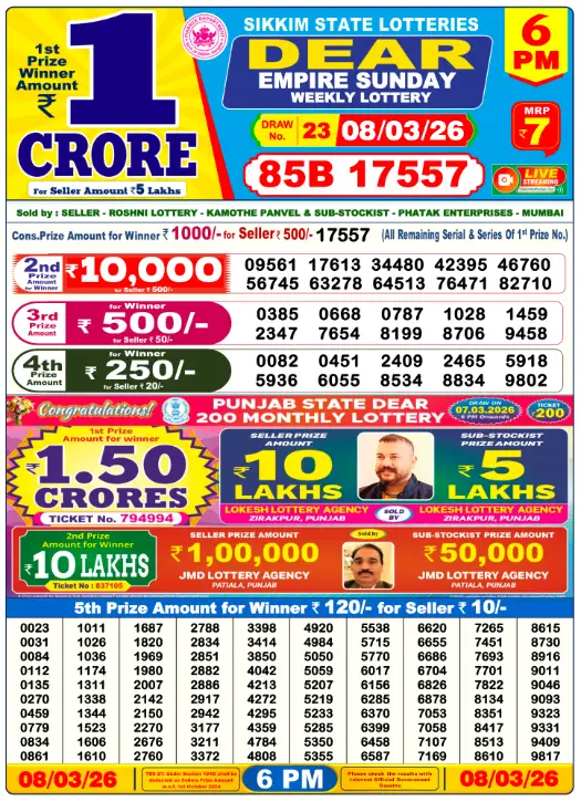 Lottery Sambad Day Result 6 PM 8.3.2026