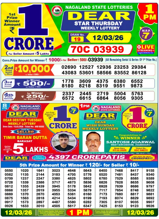 Lottery Sambad Morning 1 PM 12.3.2026