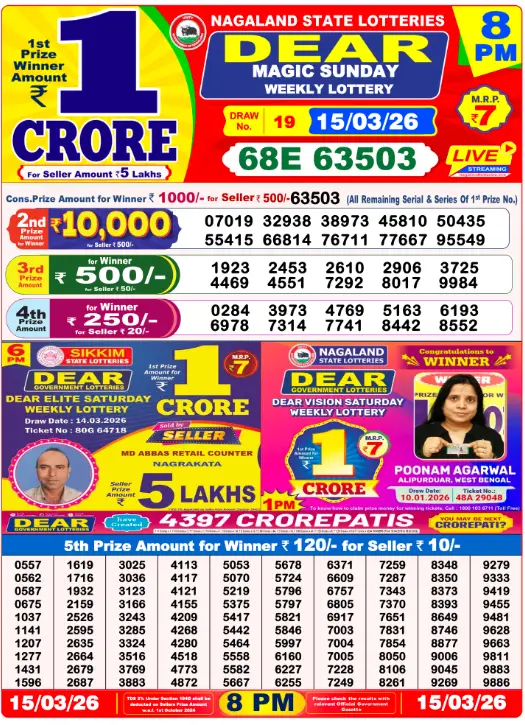 Lottery Sambad 8 PM Evening Result 15.3.2026