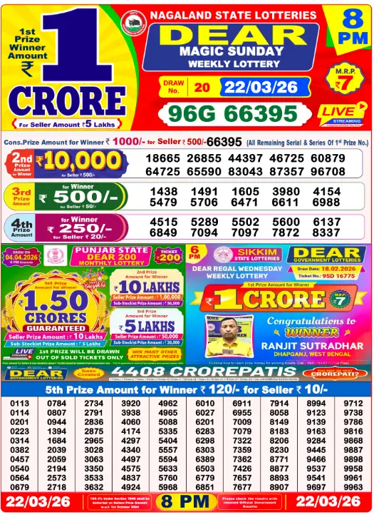 Lottery Sambad 8 PM Evening Result 22.3.2026
