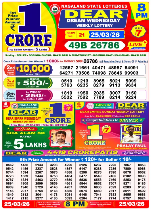 Lottery Sambad 8 PM Evening Result 25.3.2026