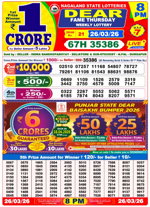 Lottery Sambad 8 PM Evening Result 26.3.2026
