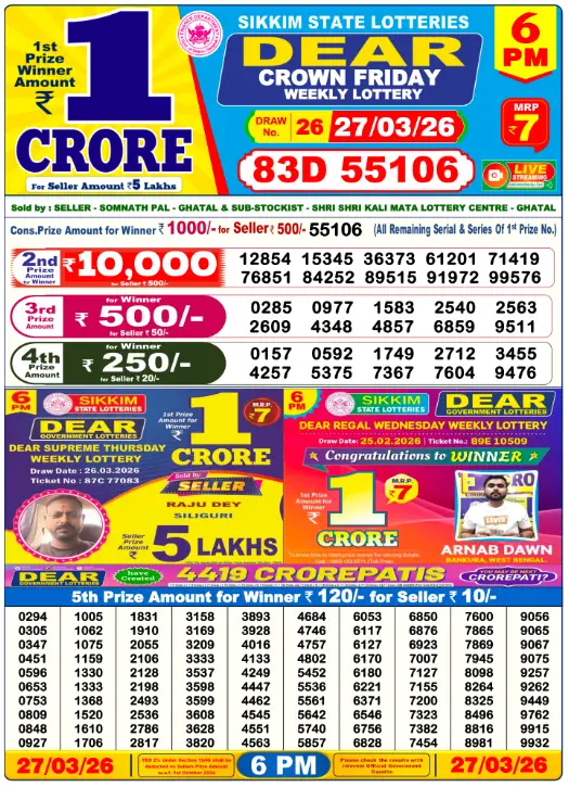 Lottery Sambad Day Result 6 PM 27.3.2026