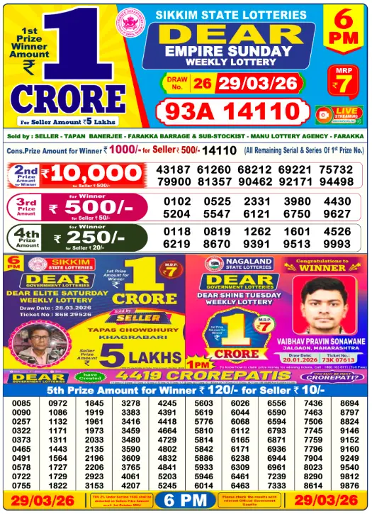 Lottery Sambad Day Result 6 PM 29.3.2026