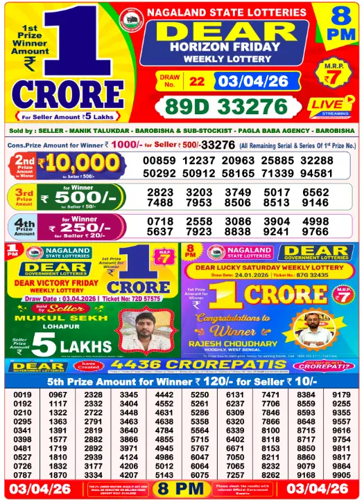 Lottery Sambad 8 PM Evening Result 3.4.2026