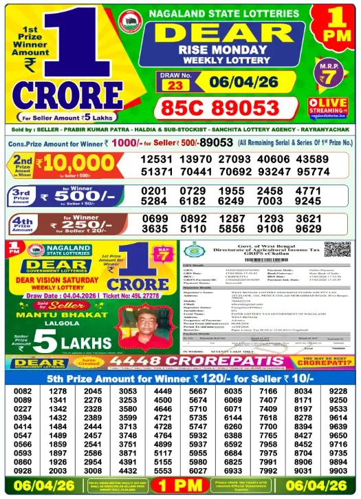 Lottery Sambad Morning 1 PM 6.4.2026