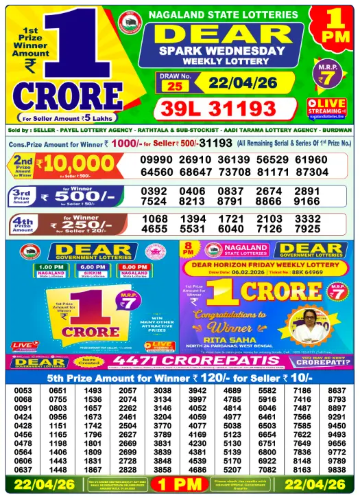 Lottery Sambad Morning 1 PM 22.4.2026