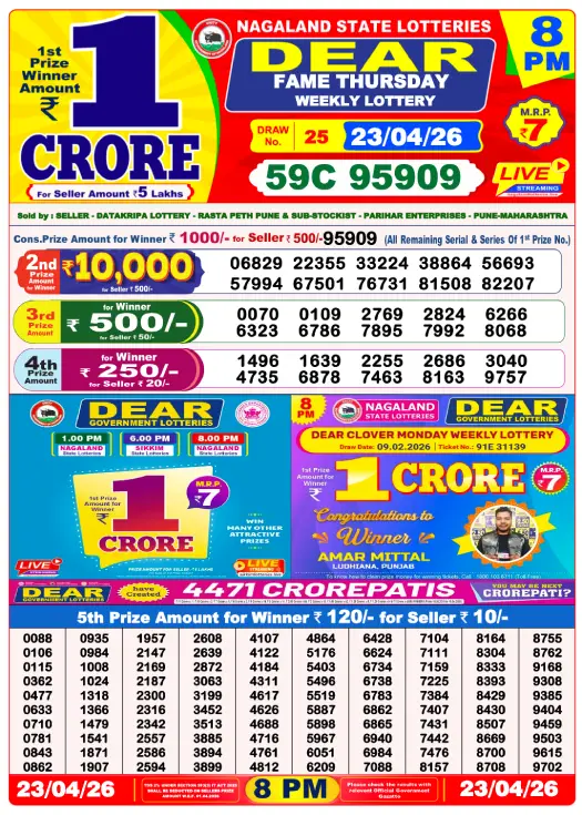Lottery Sambad 8 PM Evening Result 23.4.2026