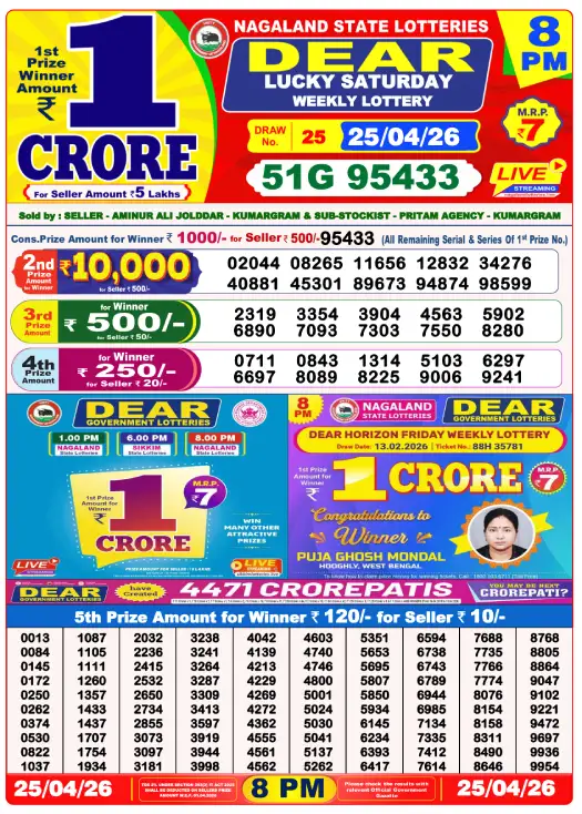 Lottery Sambad 8 PM Evening Result 25.4.2026