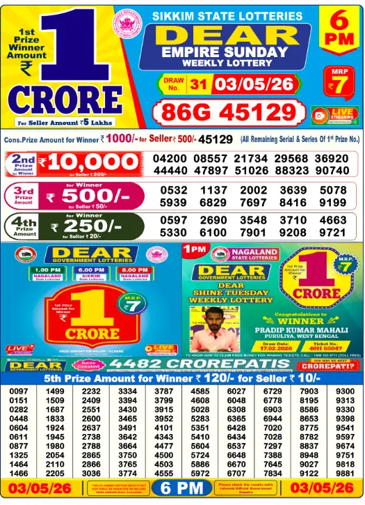 Lottery Sambad Day Result 6 PM 3.5.2026