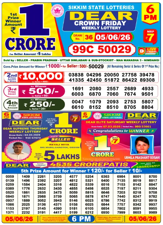 Lottery Sambad Day Result 6 PM 5.6.2026