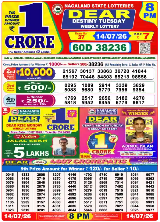Lottery Sambad 8 PM Evening Result 14.7.2026