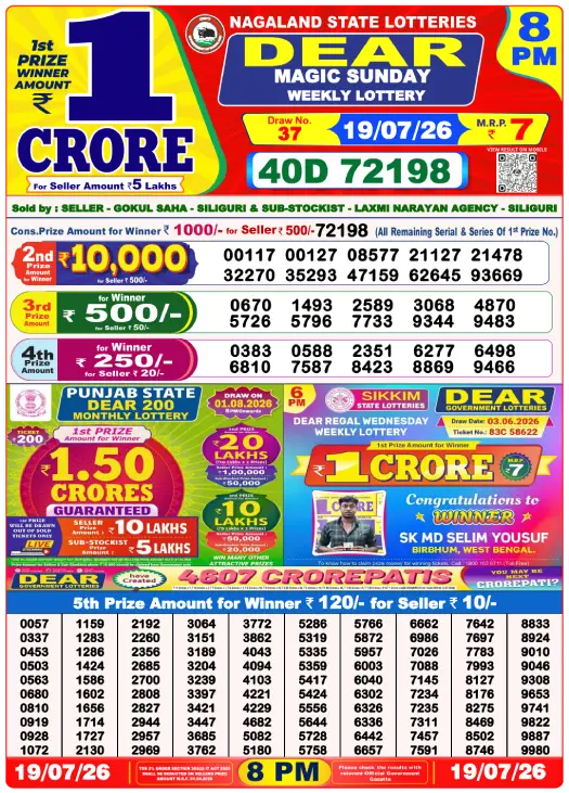 Lottery Sambad 8 PM Evening Result 19.7.2026