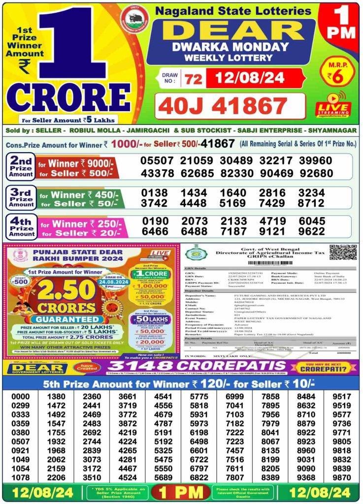 Nagaland Lottery Morning Result 12.8.2024