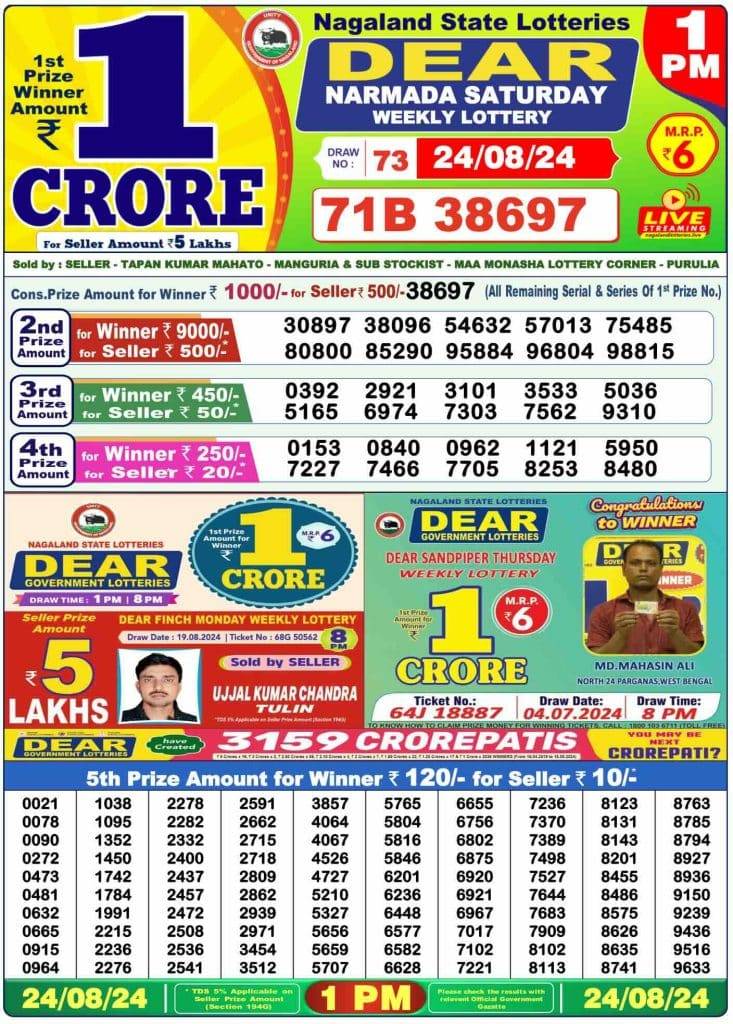 Lottery Sambad Morning 1 PM 24.8.2024