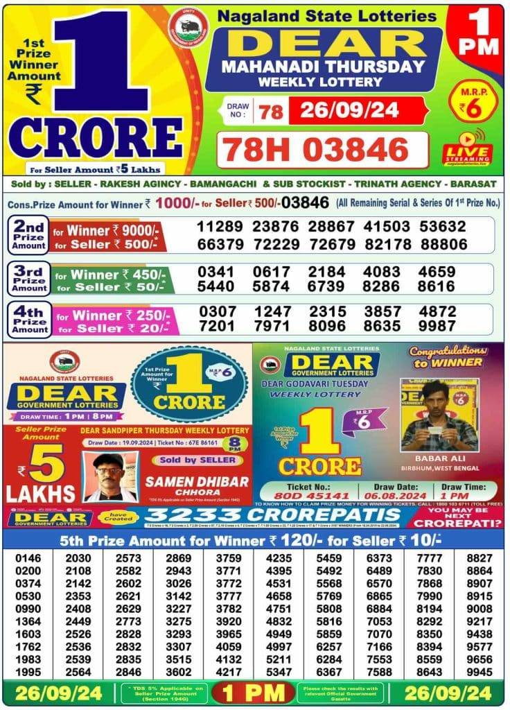 Lottery Sambad Morning 1 PM 26.9.2024